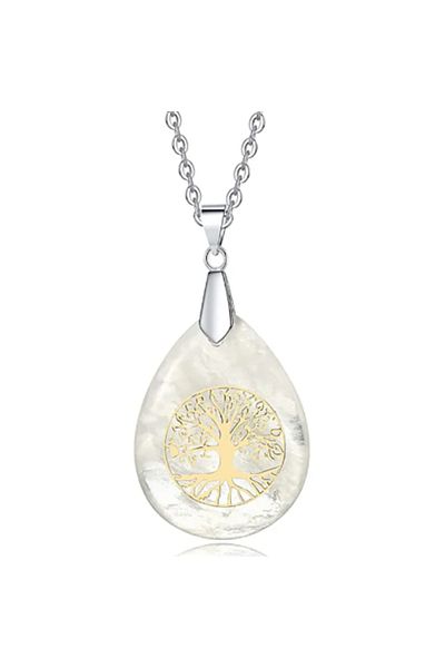 OEM CRYSTAL "DROP" PENDANT NECKLACE | 24K GOLD ENGRAVED TREE OF LIFE | PURE QUARTZ