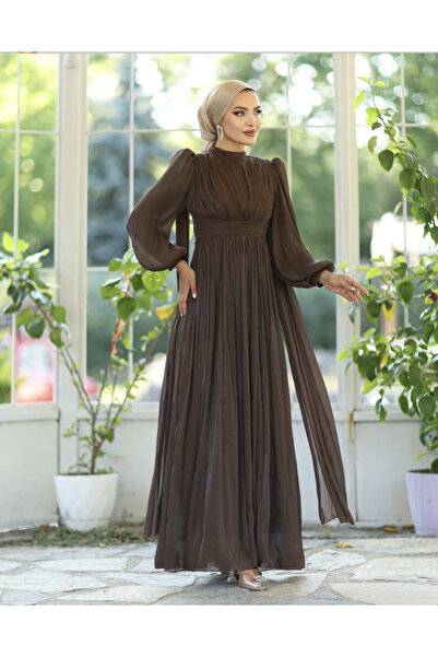 welting Şifon Pelerinli Kadın Tesettür Abiye Elbise Kahverengi