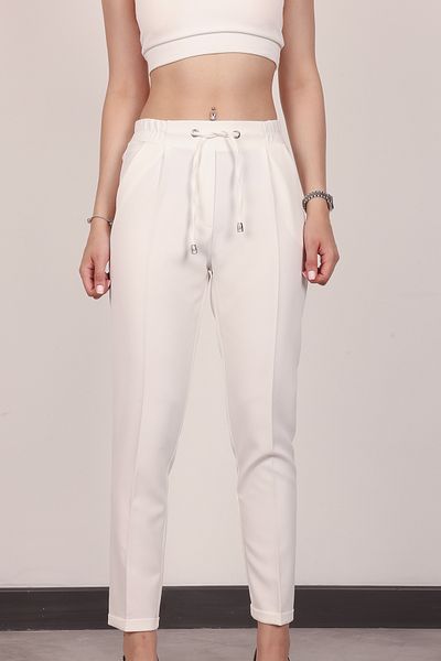 Stil Sepeti Women's White High Waist Elastic Narrow Leg Double Pocket Trousers Drl-1000464793