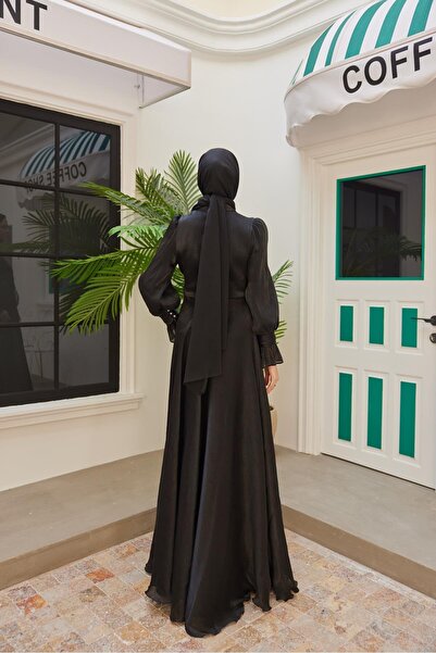 welting Şifon Baglamalı Kadın Tesettür Abiye Elbise Siyah