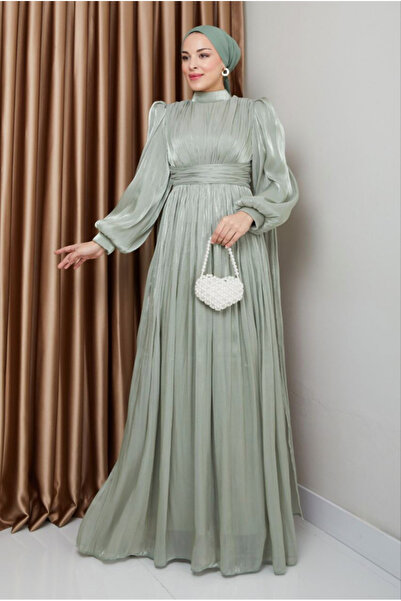 welting Şifon Pelerinli Kadın Tesettür Abiye Elbise Su Yeşili