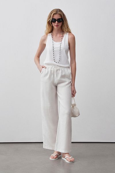 mathilda store Women's White Adjustable Waist Linen Palazzo Pants