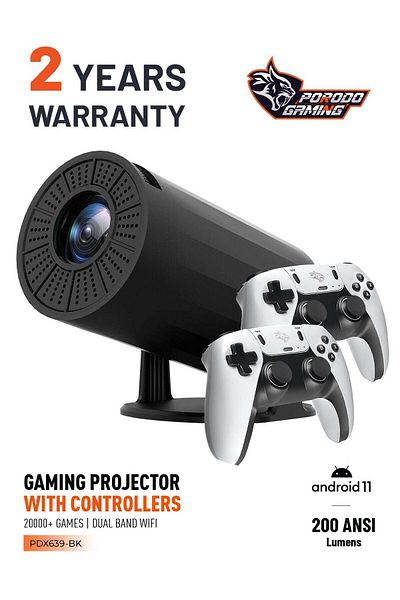 porodo Gaming 4K Projector Android 11 with Auto Keystone and Gamepad Controller - Black