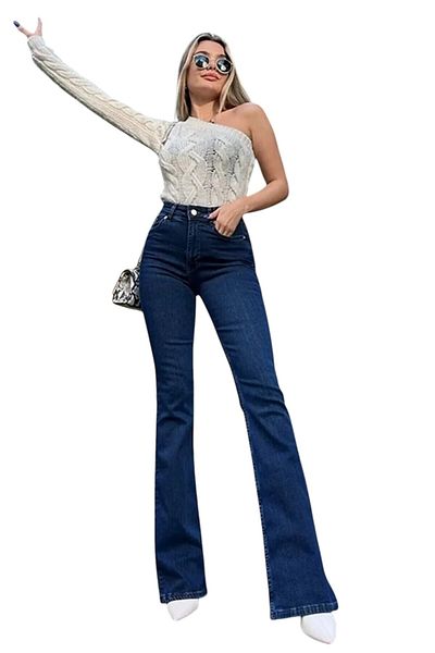 byhaziran butik Hotlie Women's High Waist Dark Blue Flare Jeans