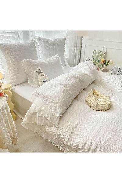 trendyhome Lenjerie de pat, bumbac creponat, volane, finețe moale, 6 bucăți, simplă, albă, J10399