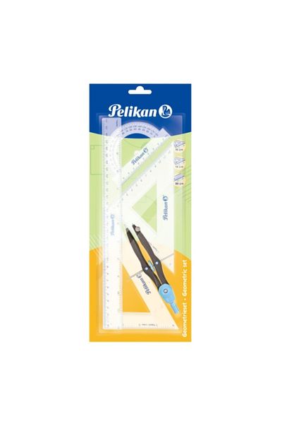 Pelikan Set de geometrie, material plastic, 5 piese (compas, riglă lungime 30 cm, raportor, 2 echeruri)