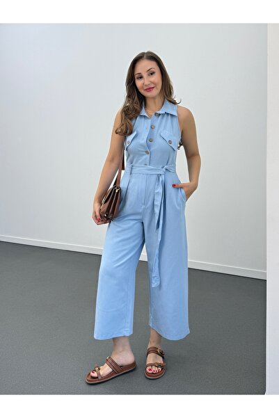 Narferita Myra Bebe Mavi Düğmeli Pamuk Keten Tulum