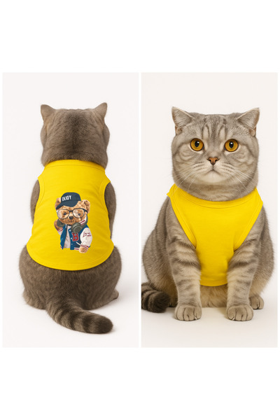Buddy Store Kedi Kıyafeti Elbiseleri Atlet - Enjoy Baskılı Sarı Atlet - M Beden