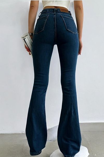byhaziran butik W.Q Women's Dark Blue Lycra High Waist Spanish Leg Jeans