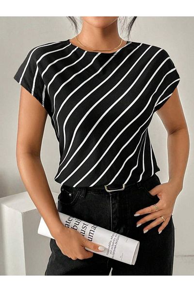 Gökyüzü Moda Women's Short Bat Sleeve Crew Neck Line Pattern Atlas Blouse