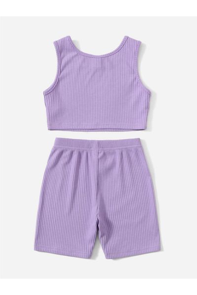 HEREN BUTİK Kids Ribbed Crop Top and Shorts Set |   Girl's Summer Sports Suit |   Cotton Tank Top Shorts Set