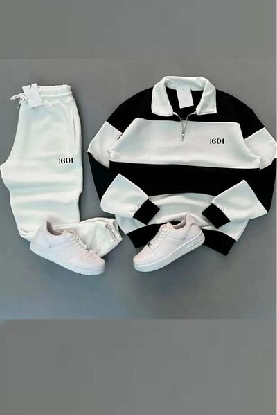 NO 601 Unisex Black Piece Stand Collar 601 Printed White Tracksuit Set
