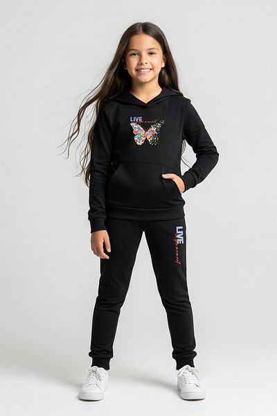 FYK KİDS Hooded Kangaroo Pocket Printed Girl's Tracksuit Set