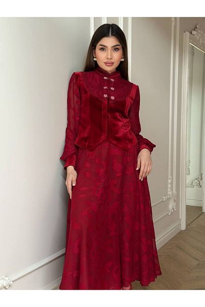My twins Ewas Design Midi Length Skirt Blouse Velvet Detailed Women's Double Suit