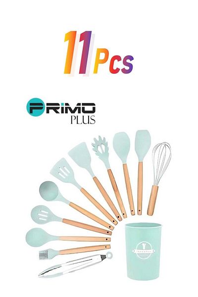 Primo Plus Set of cooking utensils with wooden handle consisting of 11 pieces Green/Brown