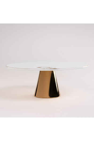 LA MESA حامل كيك من البورسلين الأبيض بقاعدة ذهبية