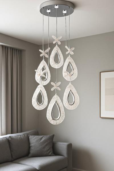 Fer Avize Arel 6lı Modern Led Avize Krom Renk Kristal Görünüm Beyaz Işık Enerji Tasarruflu Salon Yemek Odası