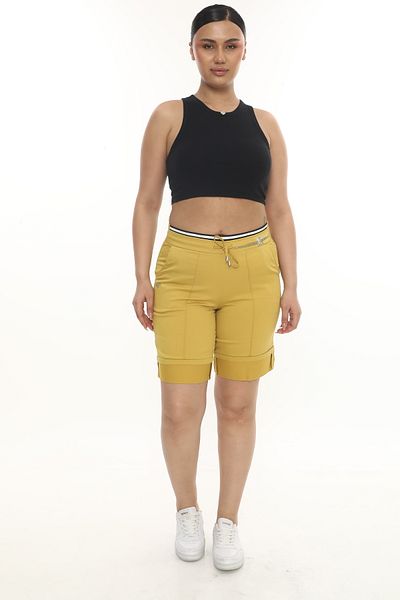 EXİTLİNE Women's Summer Mustard Yellow, Stoned Elastic Bermuda Shorts Capri
