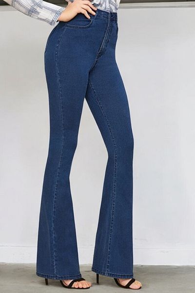 byhaziran butik Motto Women's High Waist Dark Blue Flare Jeans
