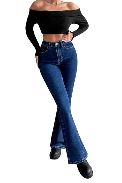 byhaziran butik Norhse Women's High Waist Dark Blue Denim Flare Jeans