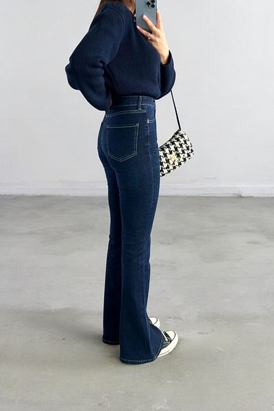 byhaziran butik Livi Women's High Waist Dark Blue Denim Flare Jeans