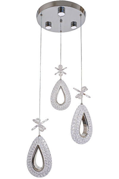 Fer Avize Arel 3lü Modern Led Avize Krom Renk Kristal Görünüm Beyaz Işık Enerji Tasarruflu Salon Yemek Odası