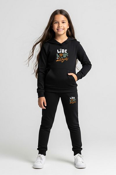 FYK KİDS Live Printed Girl's Tracksuit Set with Hooded Kangaroo Pocket