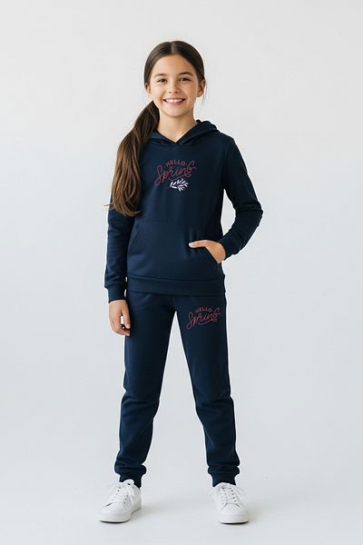 FYK KİDS Hello Printed Girl's Tracksuit with Hooded Kangaroo Pocket
