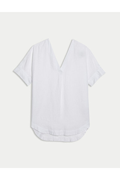 Marks & Spencer Keten V Yaka Rahat Kesim Popover Bluz