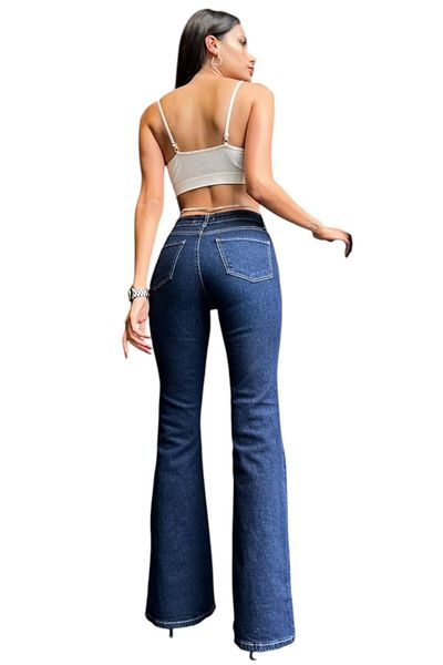 byhaziran butik Cuky Women's Dark Blue High Waist Stretchy Denim Fabric Flare Jeans