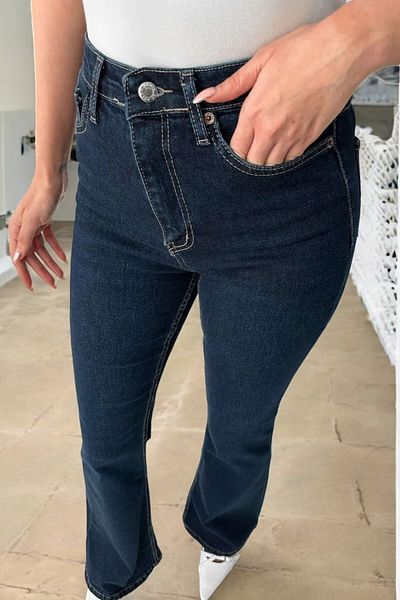 byhaziran butik Santaly Dark Blue Non-Fading Lycra High Waist Denim Spanish Leg Jeans