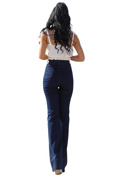 byhaziran butik Liyla Dark Blue Colorfast Lycra High Waist Spanish Leg Jeans
