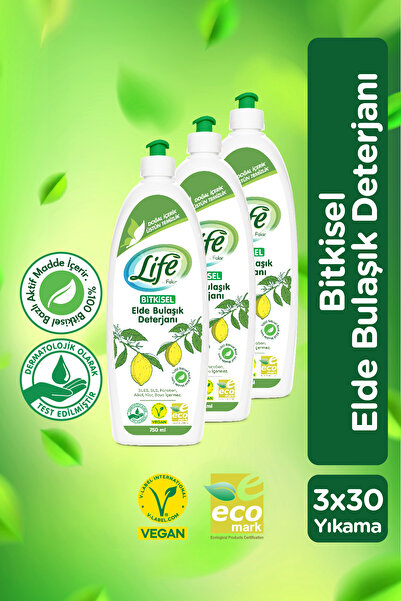 Life by Fakir Bitkisel Elde Bulaşık Deterjanı 750 ml x 3 | SLES’siz, Vegan, D...