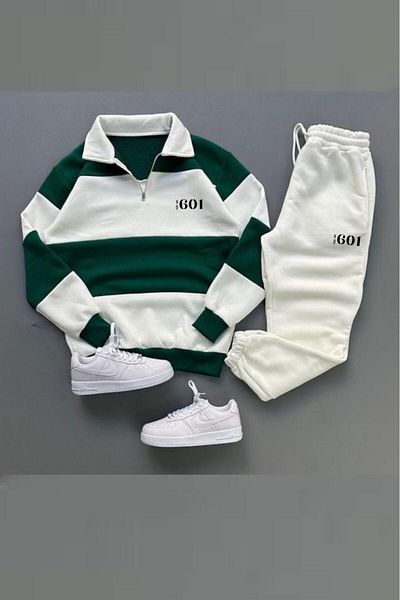 NO 601 Unisex Green Piece Stand Collar 601 Printed White Tracksuit Set