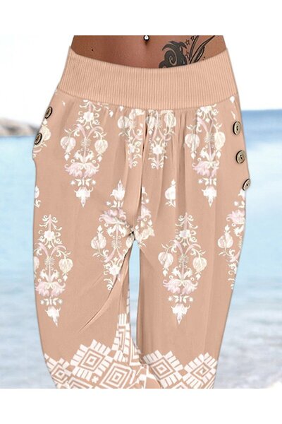 buğrahayalin Ekşi̇oğlu Global Women's Elastic Waist Ethnic Patterned Capri Single Jersey Pants