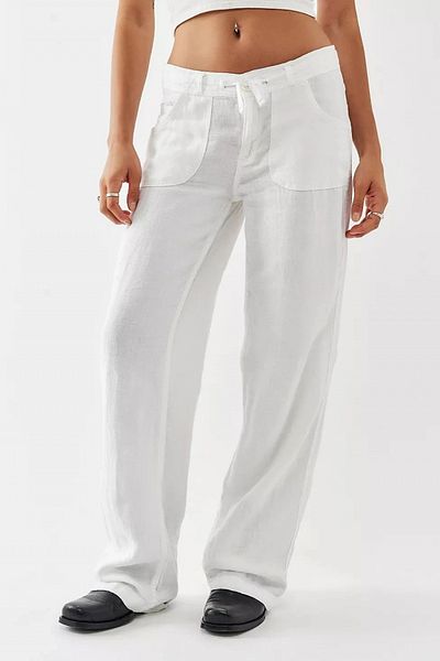 VibeGaia Women's White Pocket Straight Cut Linen Trousers