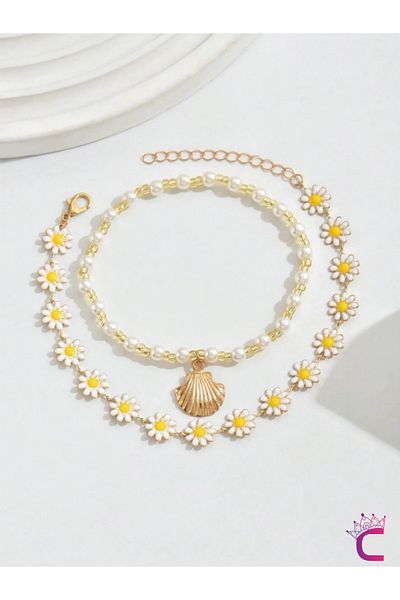 Cinderella Daisy Flower Seashell Pearl 2-Piece Combination Gold Chain Bead Anklet - Ankle Jewelry