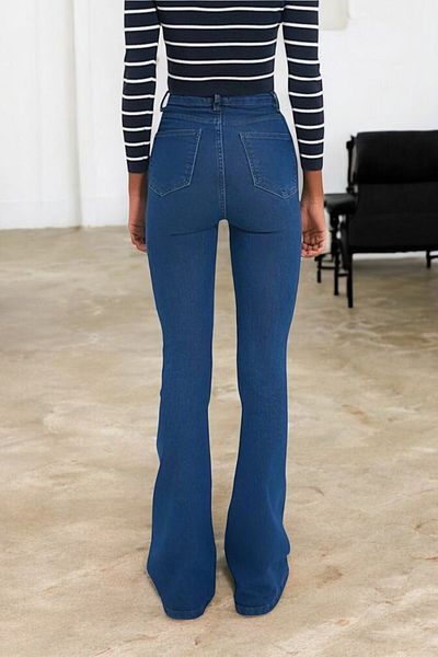 byhaziran butik Riya Spanish Leg Colorfast Dark Blue Stretchy High Waist Denim Pants