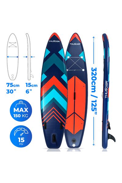 Thunder Placa Sup Gonflabilă Stripes, 320x75x15cm, Set Cu Rucsac, Scaun, Pompă, Albastru marin/portocaliu