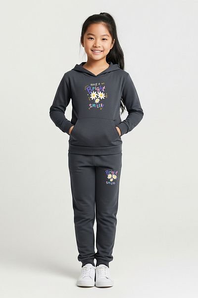 FYK KİDS Hooded Kangaroo Pocket Smile Printed Girls Tracksuit Set