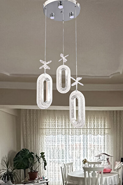 Turanconcept Doruk 3lü Modern Led Avize Krom Renk Kristal Görünüm Beyaz Işık Enerji Tasarruflu Salon Yemek Odası
