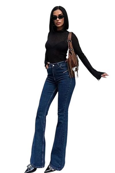 byhaziran butik Drank Dark Blue Non-Fading Lycra High Waist Denim Spanish Leg Jeans