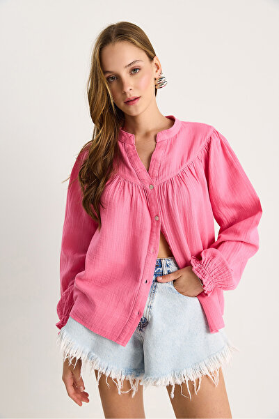 Bianco Lucci Women's Comfortable Muslin Shirt with Elastic Sleeves and Buttons 4733 60283499