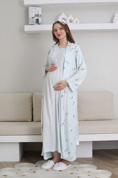 Lohussa Set de cămașă de noapte pentru femei, albastru, cu model special, cu nasturi, cu volan