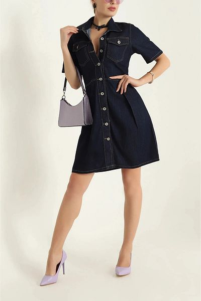 ModaLy Moda Navy Blue Full Button Shirt Collar Short Sleeve Denim Dress 287965