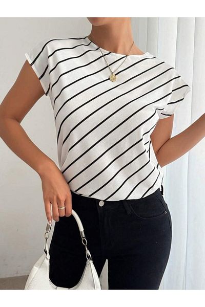 JANES Women's Short Bat Sleeve Crew Neck Line Pattern Atlas Blouse