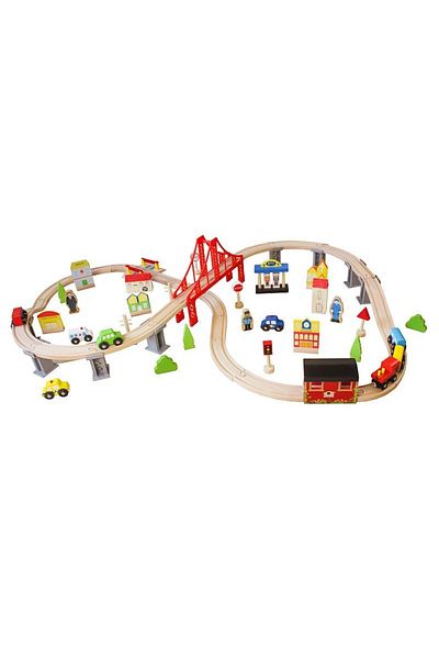 PROCART Wooden train, railway 110x60x30 cm, cars, city, gas station, hospital, multicolored wooden parts