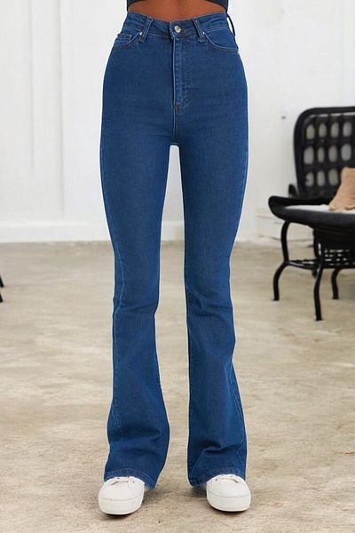 byhaziran butik Riya Spanish Leg Colorfast Dark Blue Stretchy High Waist Denim Pants