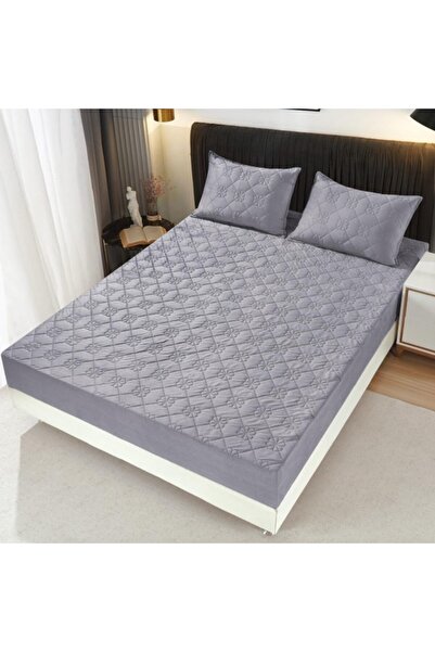 OEM Bed Cover and 2 Pillowcases, Quilted Velvet, 180X200cm, Light Gray