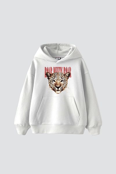 Bak Moda Roar Meets Printed Oversize Women's White Hoodie